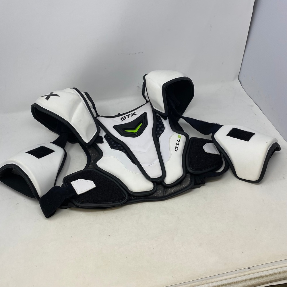STX Cell IV Lacrosse Shoulder Pads White Black Neon Green GeoFlex II Protective